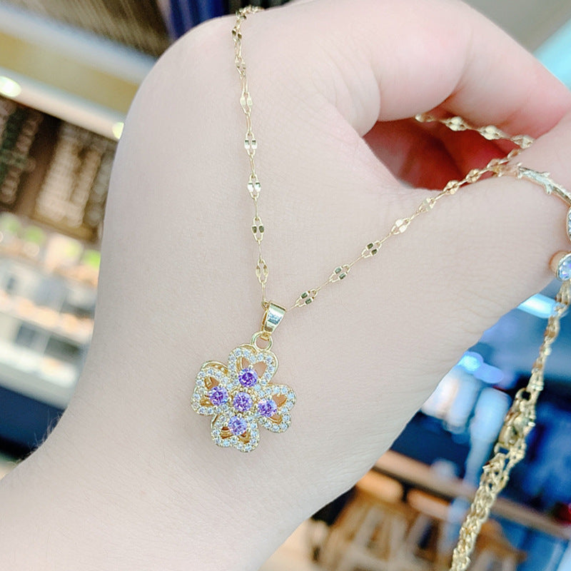 Collana da Donna con Ciondolo Trifoglio Fortunato Girevole in Acciaio Inossidabile Placcato, Girocollo Corto con Maglia a O