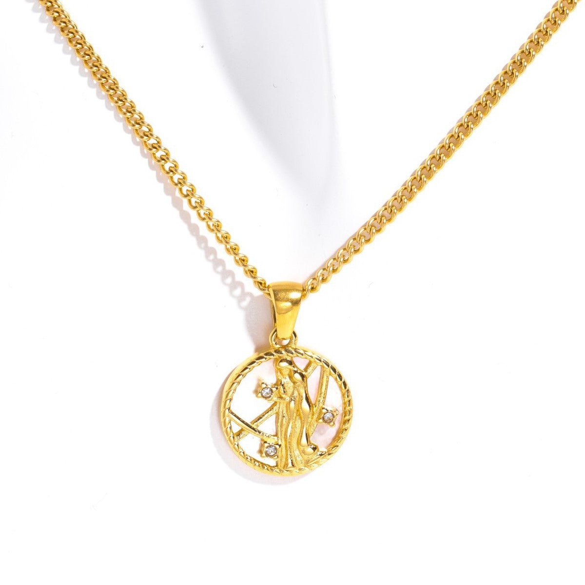 18K Gold Plated Titanium Steel Round Zodiac Coin Necklace PVD Finish Unisex