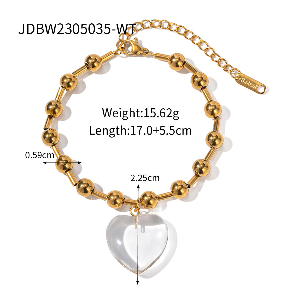 Collana trendy con cuore geometrico in perline di vetro trasparente in acciaio inossidabile placcato oro 18 carati con catena a strati rotonda da donna