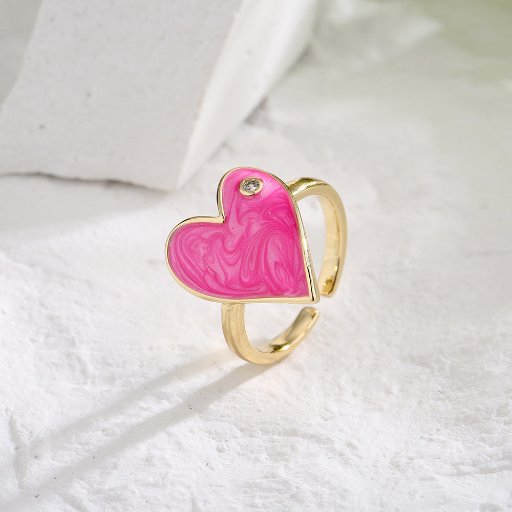 Cute Heart-Shaped Copper Ring with 18K Gold Plating and Enamel Finish for Women