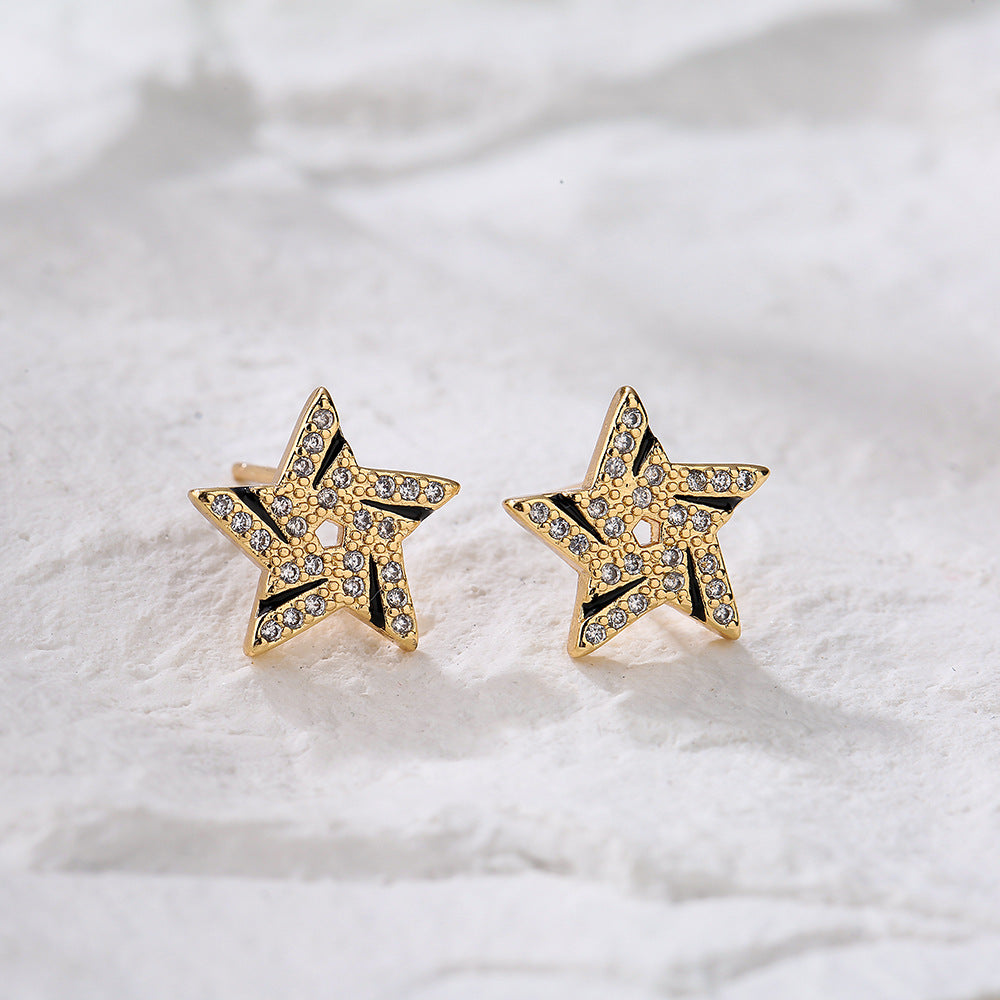 Minimalist Geometric Star Stud Earrings for Women in Copper with 18K Gold Plating and Zircon Inlay