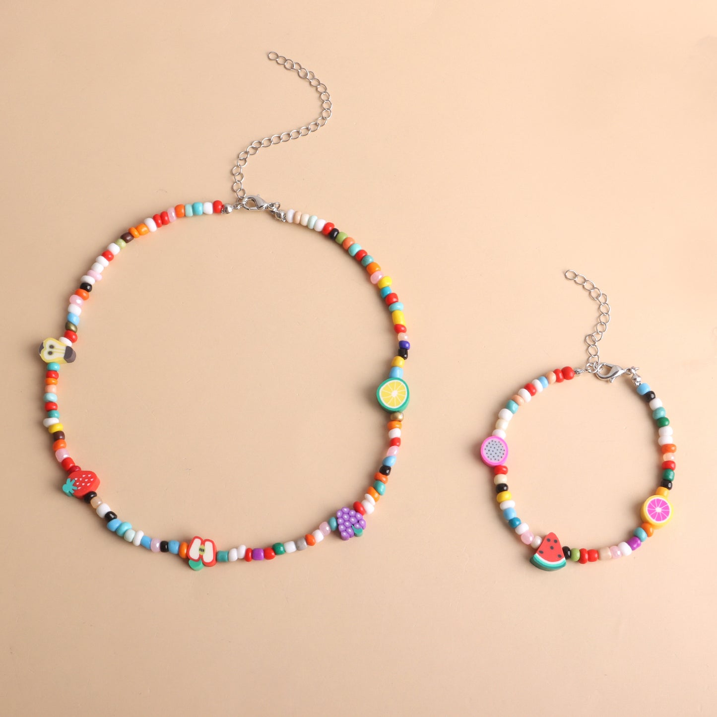 Sweet Fresh Fruit-Shaped Beaded Necklace and Bracelet Set for Women with Nylon Cord Chain