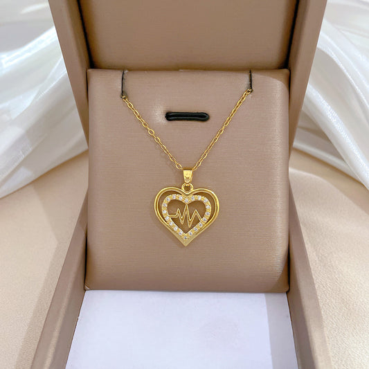 Minimalist Heartbeat-Shaped Stainless Steel Necklace with Copper Pendant and Rhinestone Inlay for Women and Men