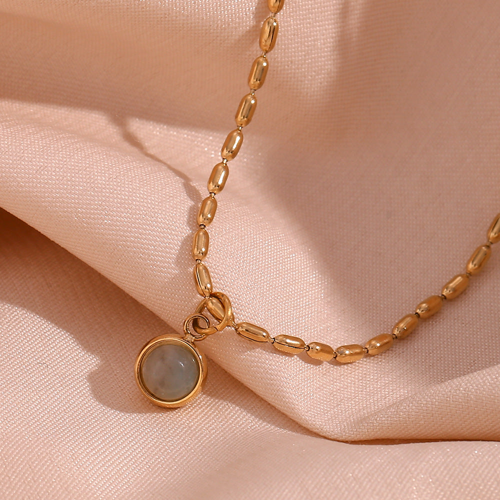 Minimalist Geometric Pendant Necklace in Stainless Steel with 18K Gold Plating and Natural Stone Accent for Women
