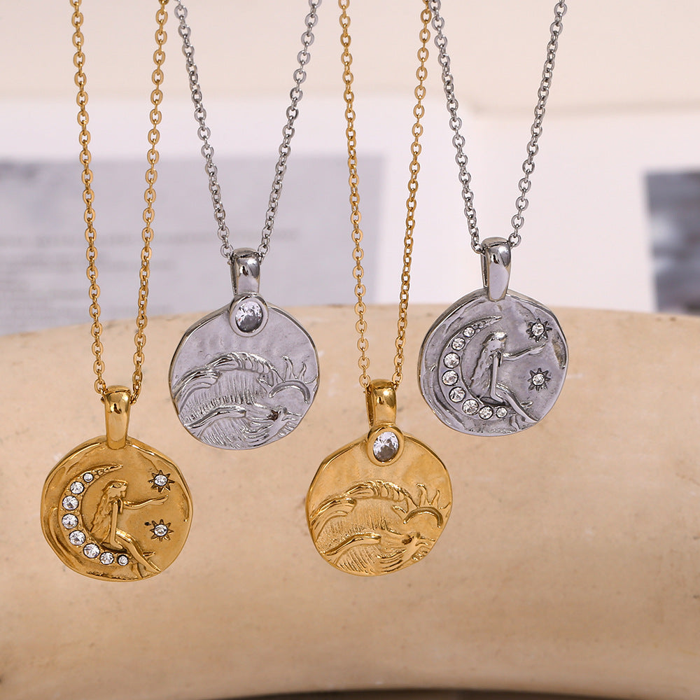 Collana da donna vintage in stile francese con ciondolo geometrico Sole e Luna in acciaio inossidabile placcato oro 18K