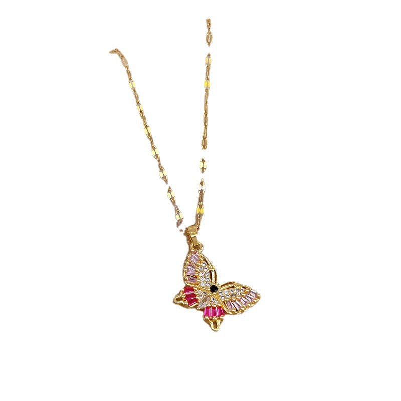 Collana con ciondolo a farfalla oversize in acciaio al titanio con dettagli micro-pavé, per donna, stile bohémien, catena clavicola