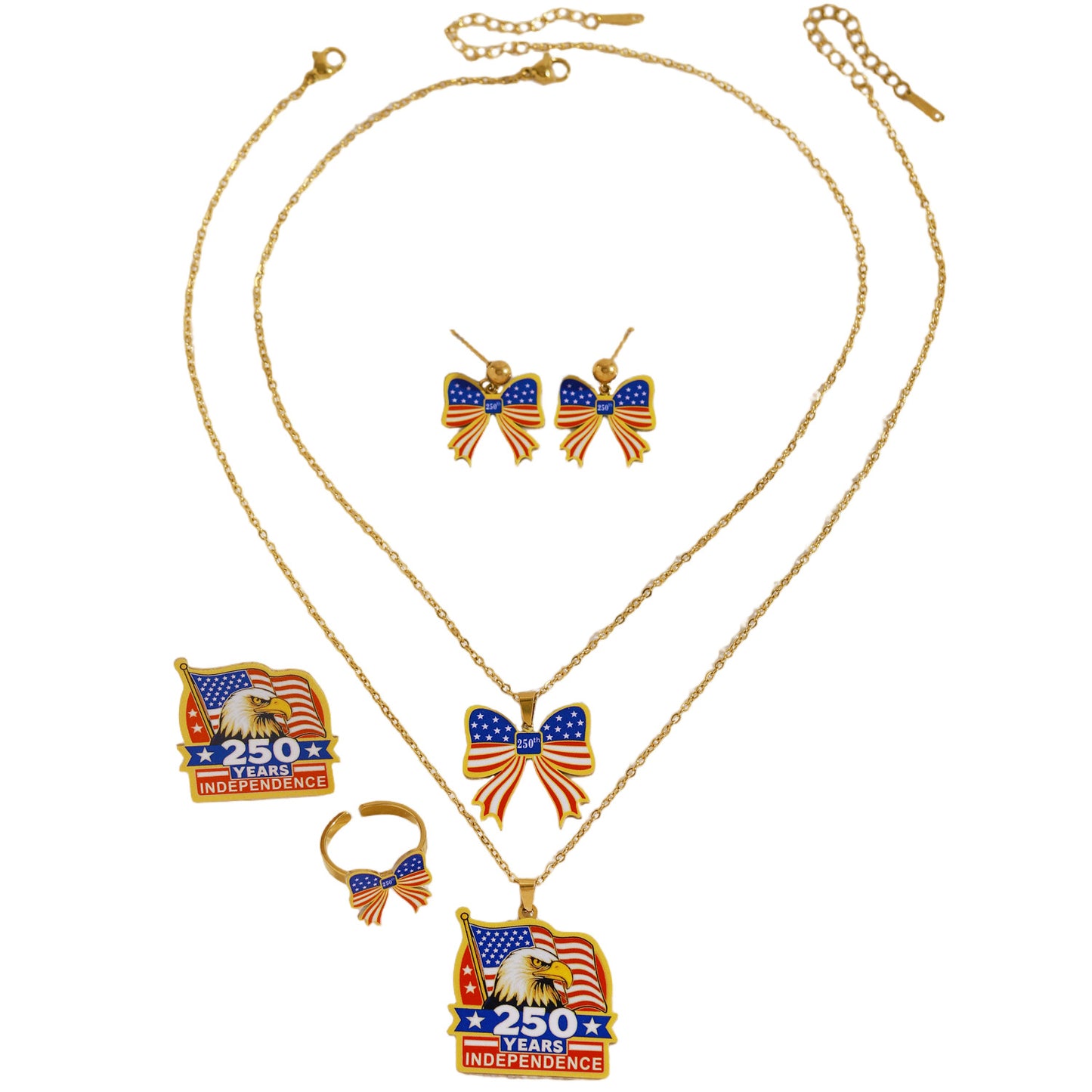 Elegant Stainless Steel Bow Pendant Necklace Set for Women 250th US Independence Day Commemorative Jewelry