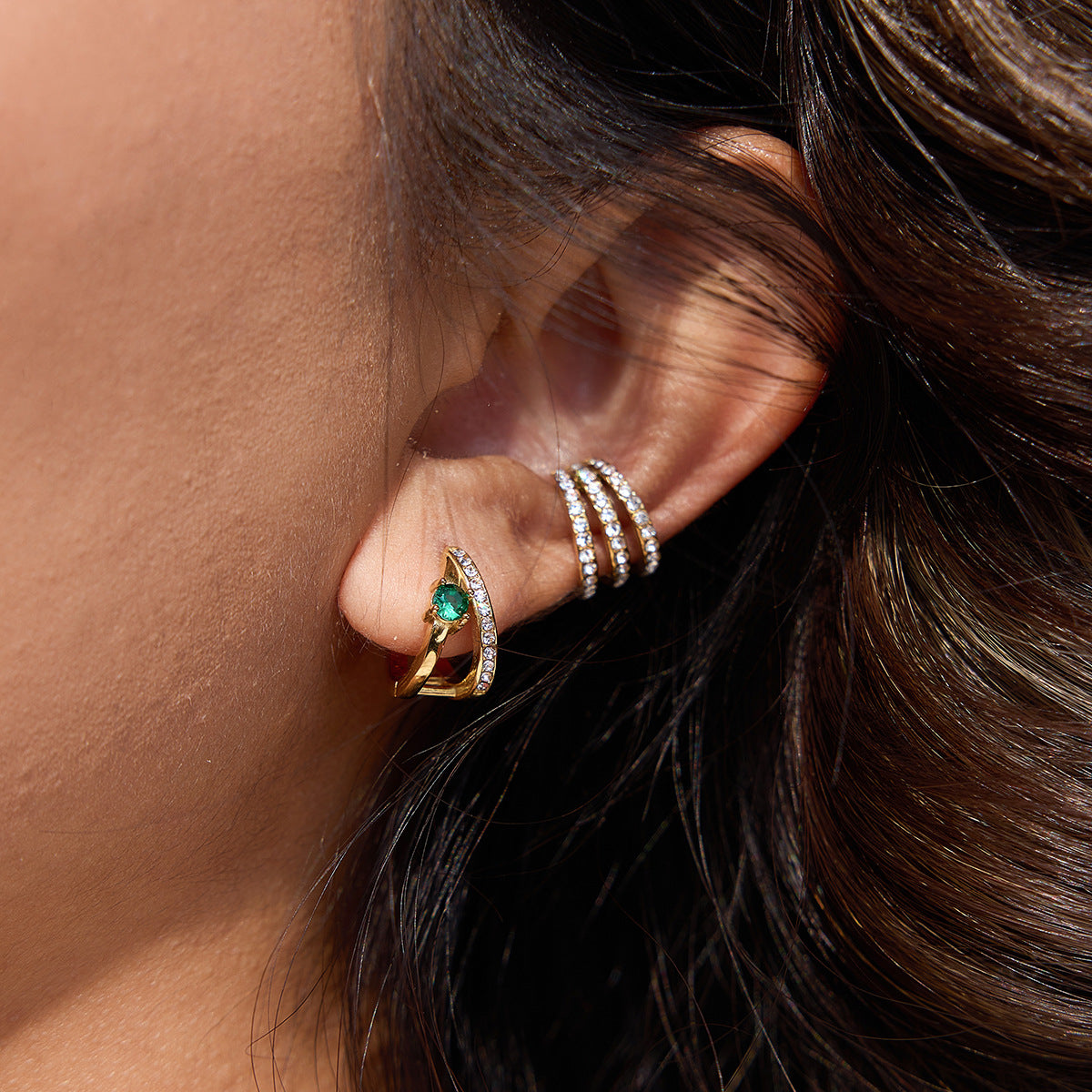 Elegant Geometric Stainless Steel Earrings with Green Cubic Zirconia and Rhinestone Plated Finish for Women