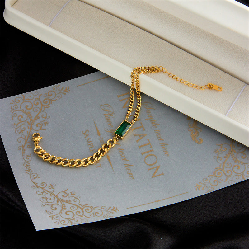 Vintage Asymmetrical Square Link Titanium Steel Bracelet with Green Rhinestone Accents for Women