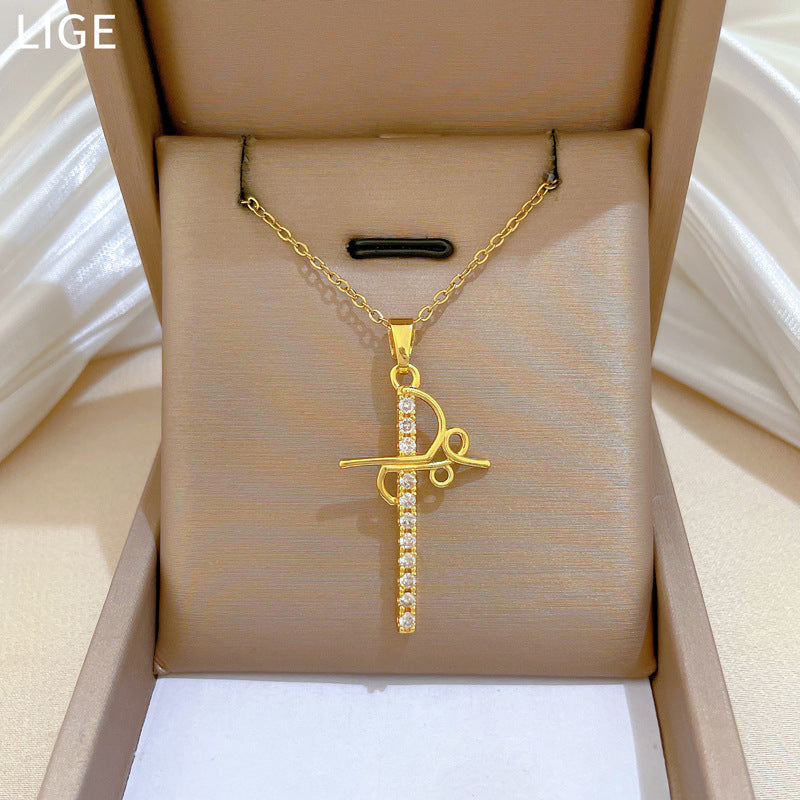 Sweet Minimalist Geometric Cross Rhinestone Pendant Titanium Steel Necklace for Unisex