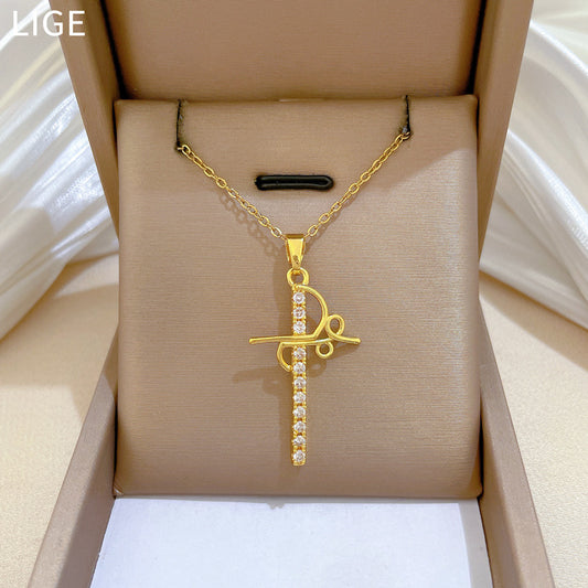 Sweet Minimalist Geometric Cross Rhinestone Pendant Titanium Steel Necklace for Unisex