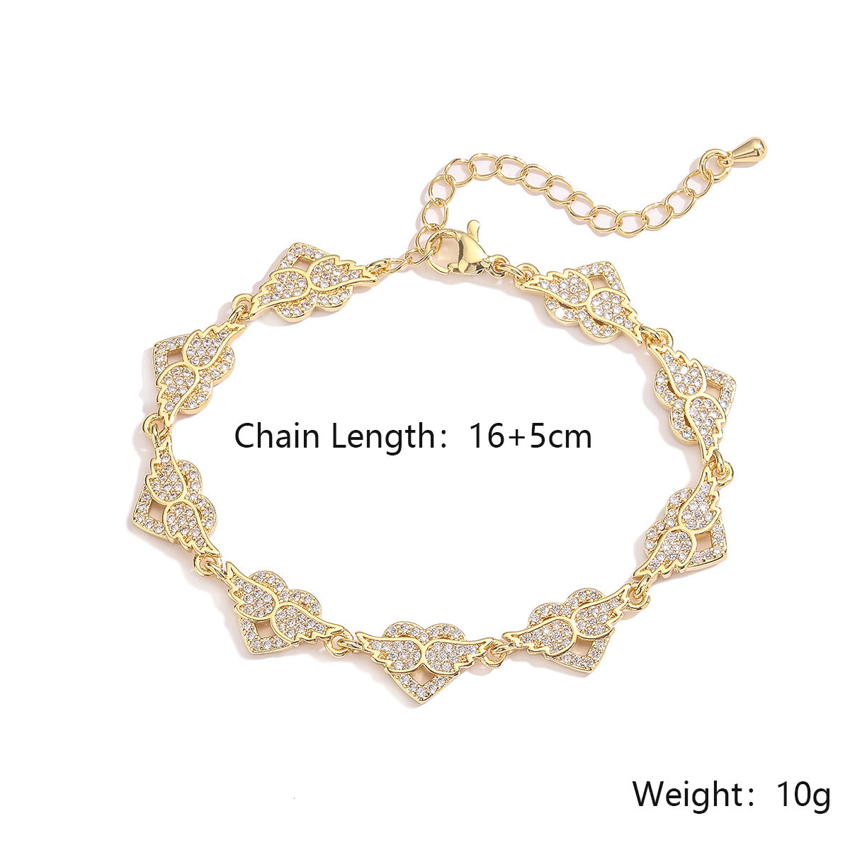 Bracciale da donna placcato in oro vero con zirconi micropavé a forma di cuore e aeroplano, alla moda