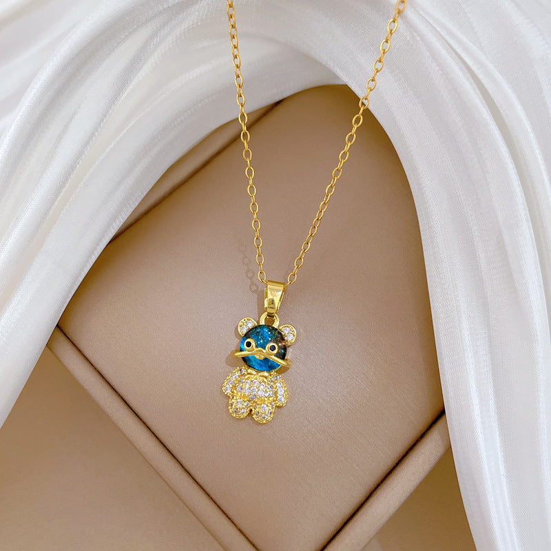 Sweet Luxury Geometric Animal Rhinestone Pendant Necklace Titanium Steel Cable Chain for Unisex