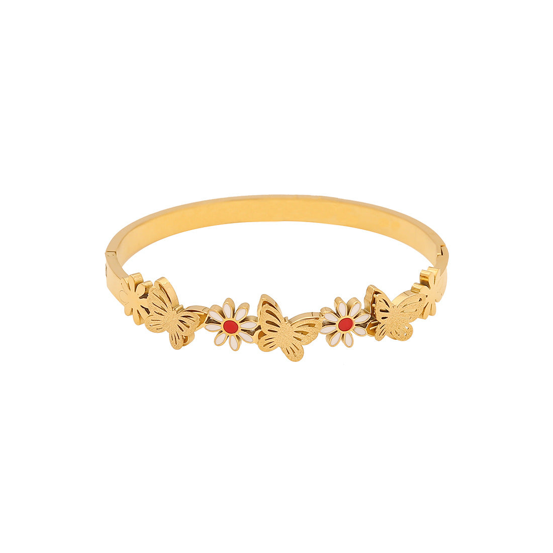 Vintage Enamel Heart and Butterfly Stainless Steel Bracelet with Floral and Palm Tree Pattern