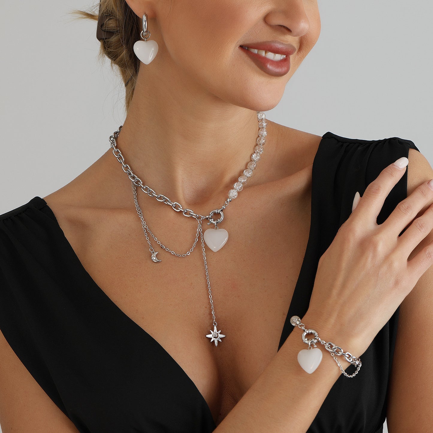 Sweet Streetwear Crackle Crystal Heart Geometric Star Glass Pendant Aluminum Alloy Plated Necklace Bracelet Set for Women and Men