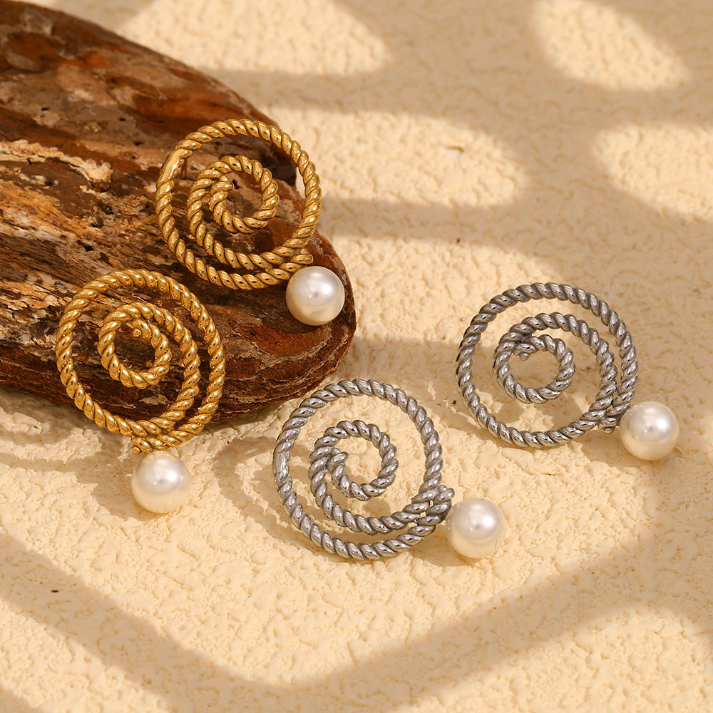 Orecchini a perno da donna in acciaio inossidabile con placcatura in oro 18 carati e accenti di perle, stile geometrico d'ispirazione vintage