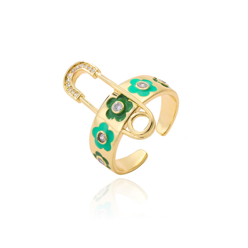 Elegant Geometric Floral Drip Oil Cubic Zirconia Inlay Brass Ring for Women