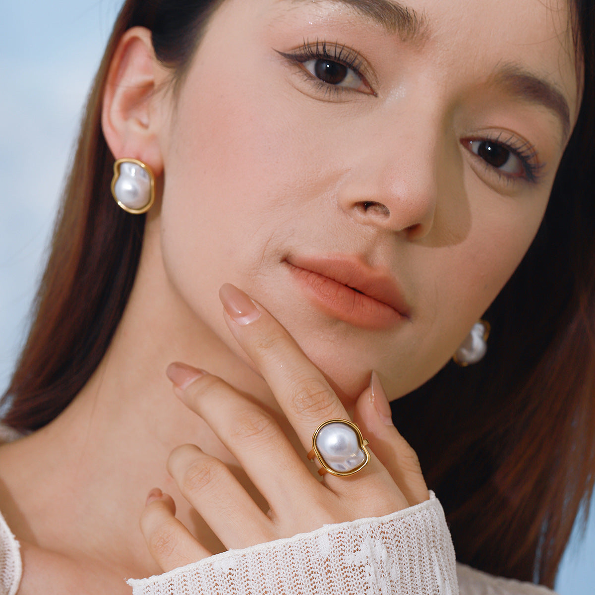 Elegant Pearl Inlay Stainless Steel Titanium Steel Earring Ring Set for Women