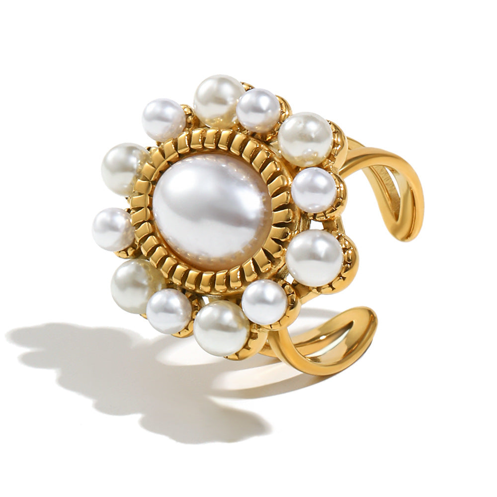 Anillo Abierto Minimalista de Lujo en Acero Inoxidable con Baño de Oro de 18K con Forma de Oliva y Diseño Lineal para Mujer