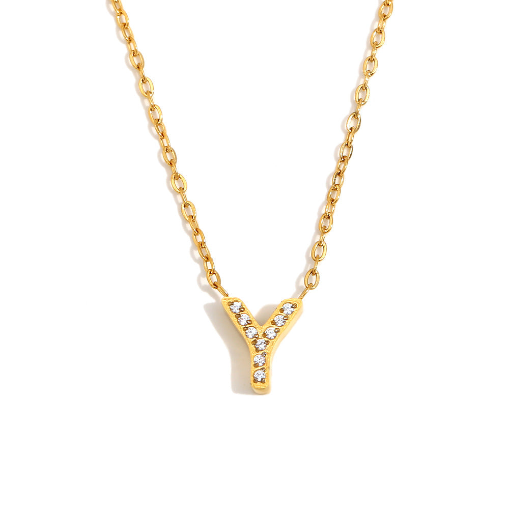 Minimalist Fashion Letter Pendant Necklace for Women Stainless Steel with 18K Gold Plating and Rhinestone Inlay