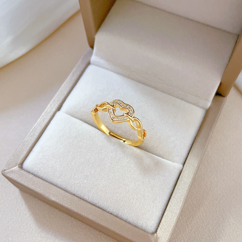 Adjustable Heart Ring with Full Rhinestone Inlay, Plated Brass, Kawaii Fresh and Sweet Style Women's Band Ring