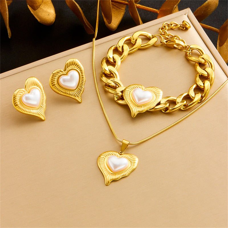 Minimalist Elegant Round Pearl Rhinestone Inlay Stainless Steel Necklace and Bracelet Set with Rope Chain
