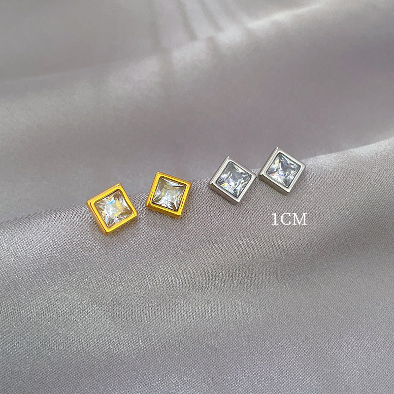 Minimalist Titanium Steel Geometric Stud Earrings with Rhinestone for Women