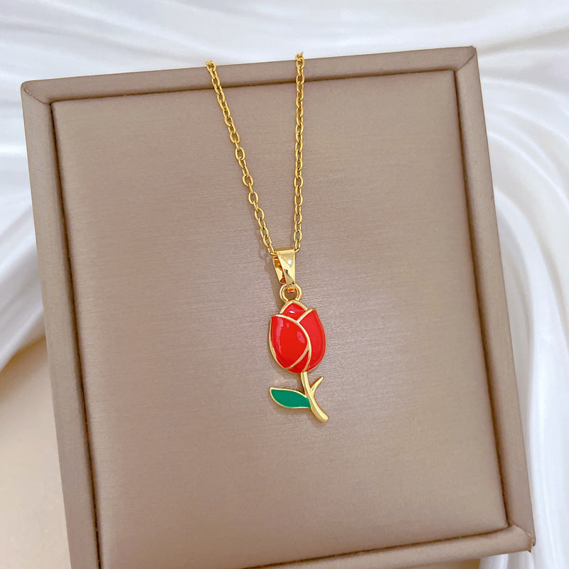 Minimalist Sweet Drip Oil Geometric Floral Rhinestone Pendant Necklace Titanium Steel Cable Chain for Unisex