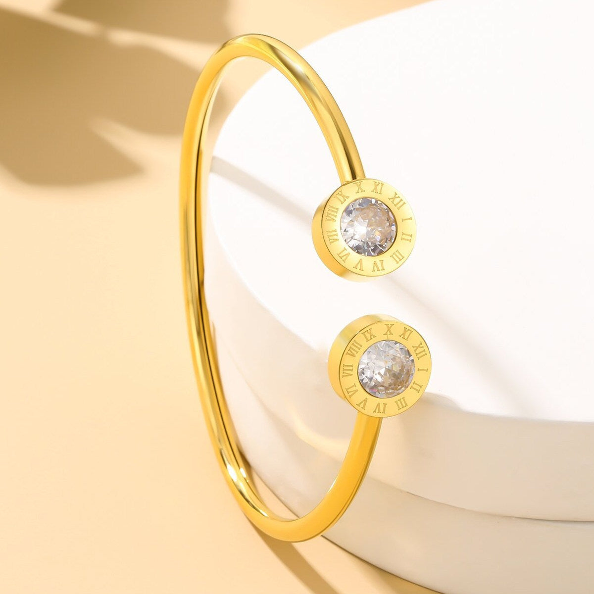 Minimalist Stainless Steel Roman Numeral Open Bangle Bracelet with Zircon Inlay