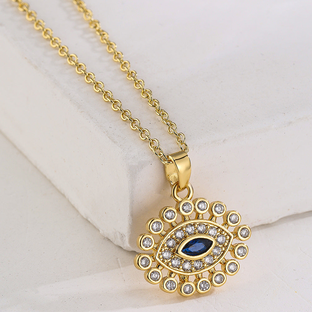 Minimalist Geometric Evil Eye Pendant Necklace for Women in Brass with Gold Plating and Multicolor Zircon Inlay