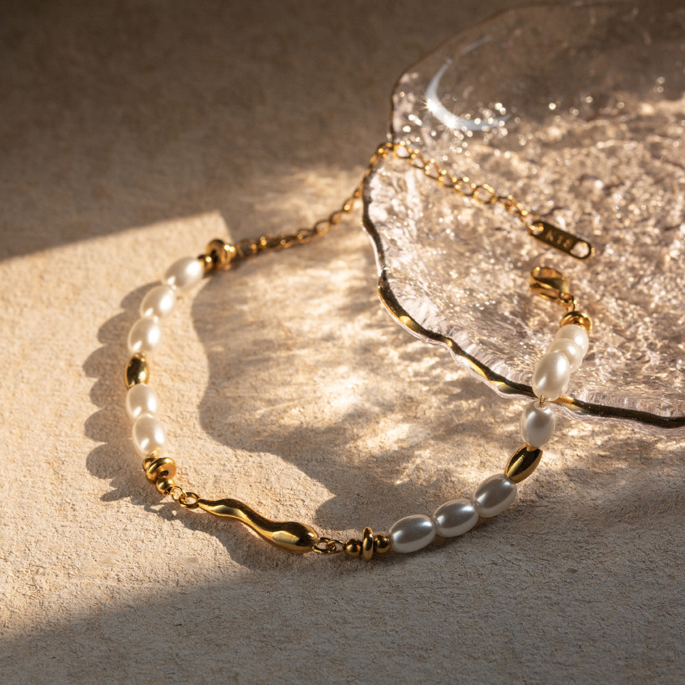 Bracciale da donna vintage con perle intarsiate in acciaio inossidabile placcato oro 18 carati a forma di goccia geometrica