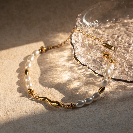 Bracciale da donna vintage con perle intarsiate in acciaio inossidabile placcato oro 18 carati a forma di goccia geometrica