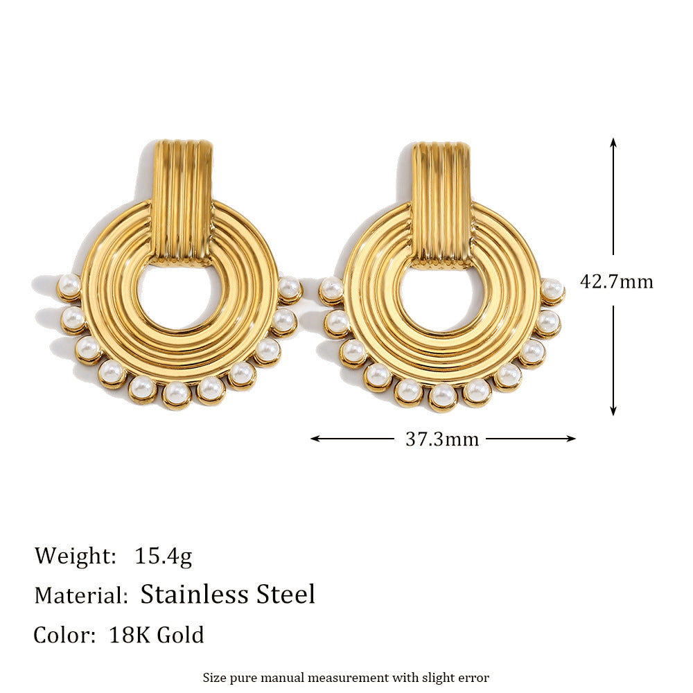 Vintage-Inspired Fashion Ear Studs for Women Stainless Steel Hoop Earrings with 18K Gold Plating and Simulated Pearl Accents