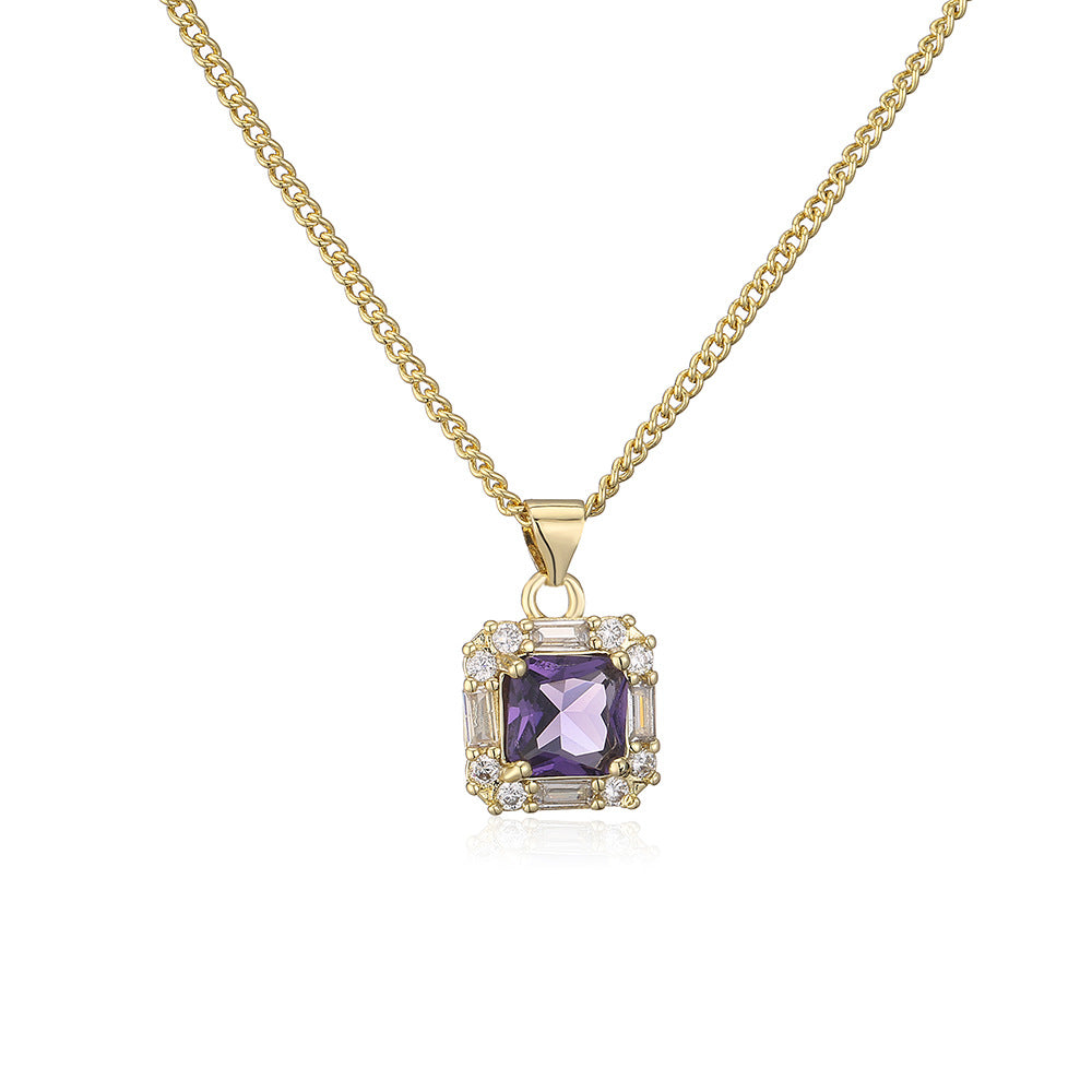 Collana con ciondolo quadrato geometrico vintage da donna in rame placcato oro 18 carati e zirconi incastonati