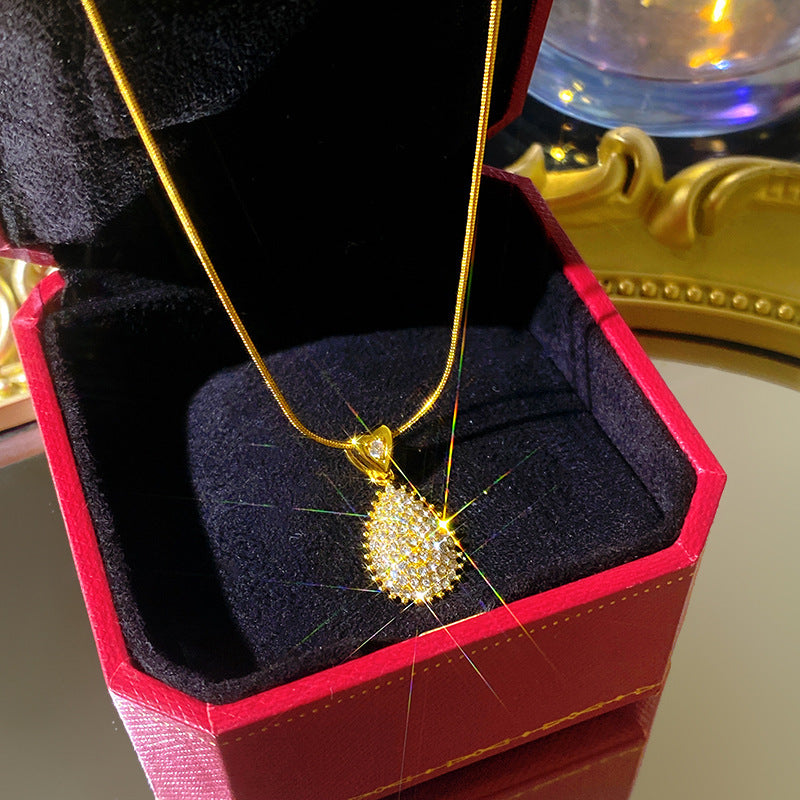Minimalist Sweet Teardrop Heart Cubic Zirconia Plated Titanium Steel Necklace with Brass Pendant Cable Chain for Unisex