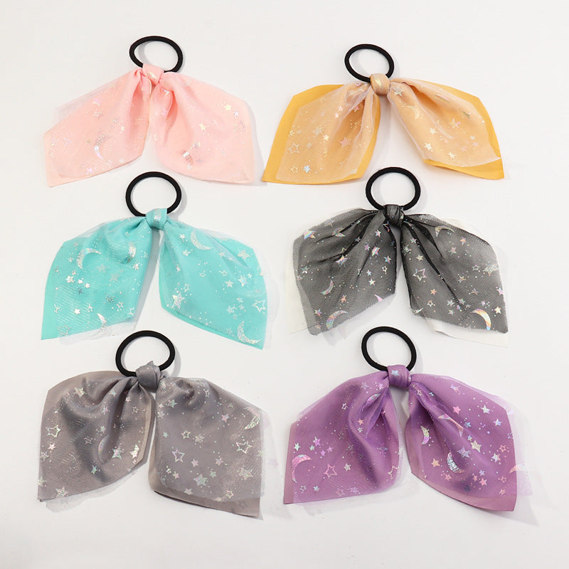 Set di Elastici per Capelli Fluorescenti con Stelle e Luna per Bambine con Dettagli in Nastro in Tessuto Stile Principessa