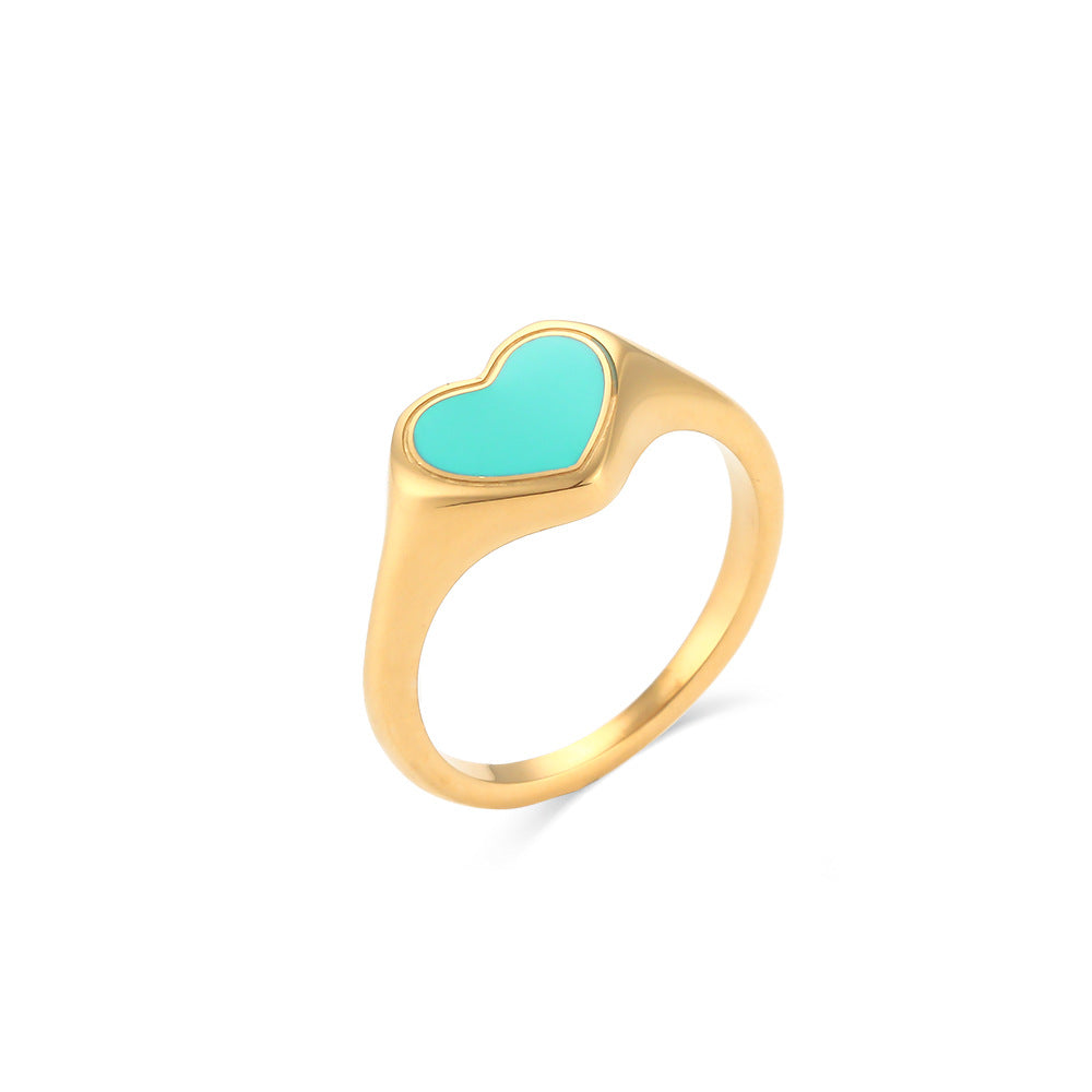 Minimalist Heart-Shaped Black Enamel Stainless Steel Plated 18K Gold Ring for Women