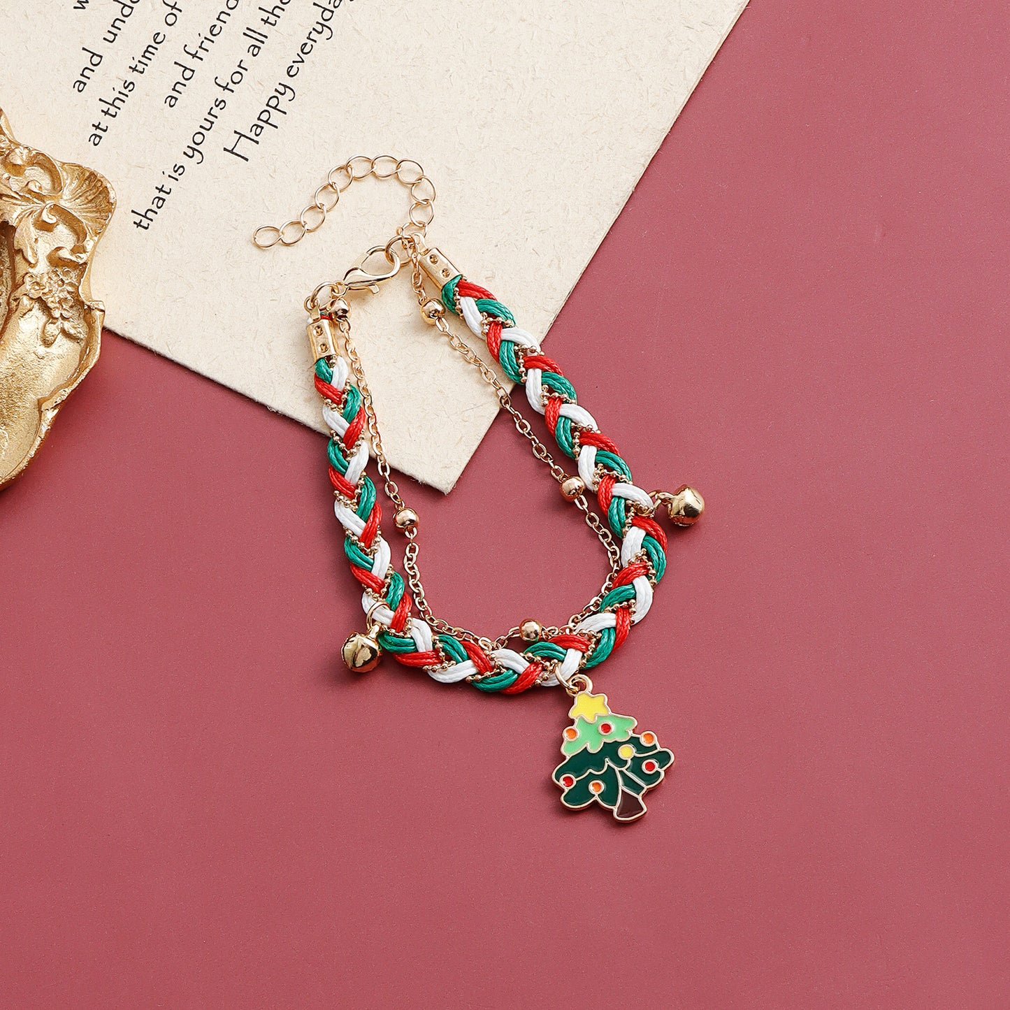 Pulsera con dije de árbol de Navidad de diseño original con acabado esmaltado y banda de cuerda tejida de doble capa para mujeres y hombres