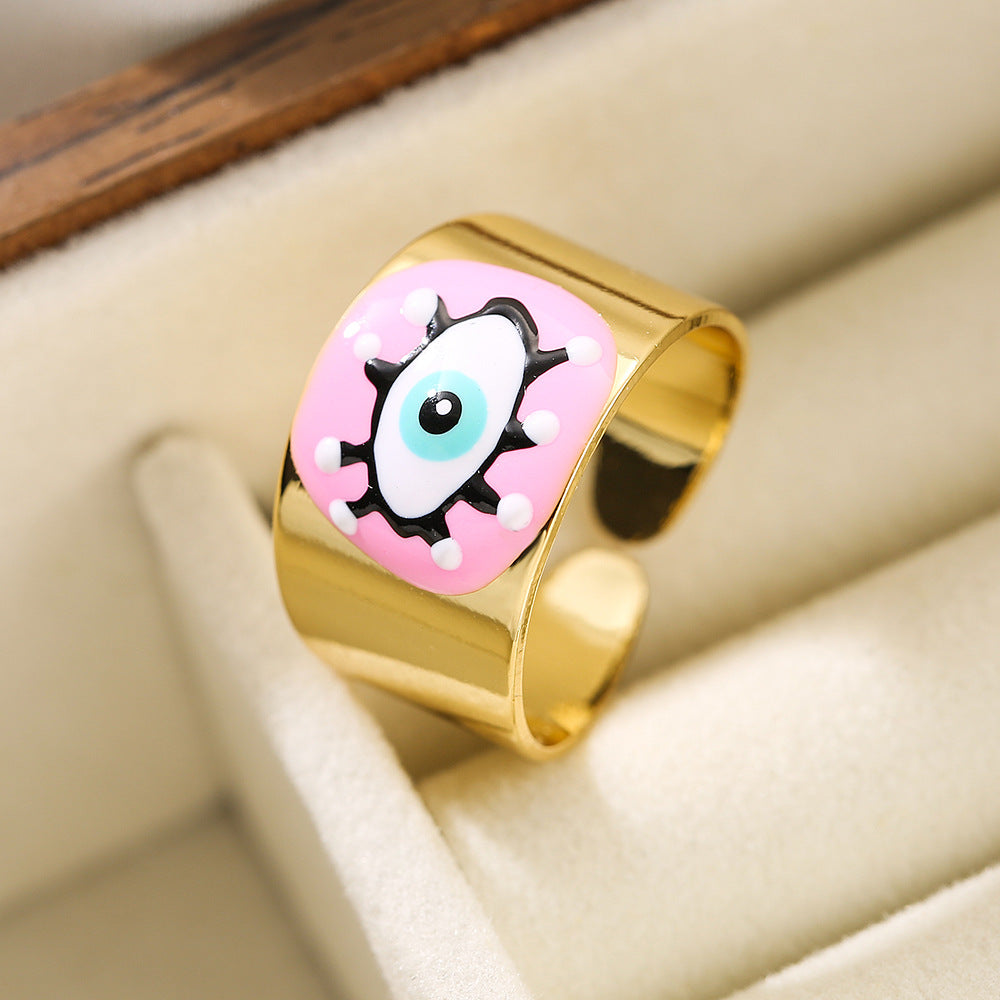 Anello Aperto Geometrico da Donna con Base in Rame Placcato Oro 18K e Smalto Design Occhio di Allah
