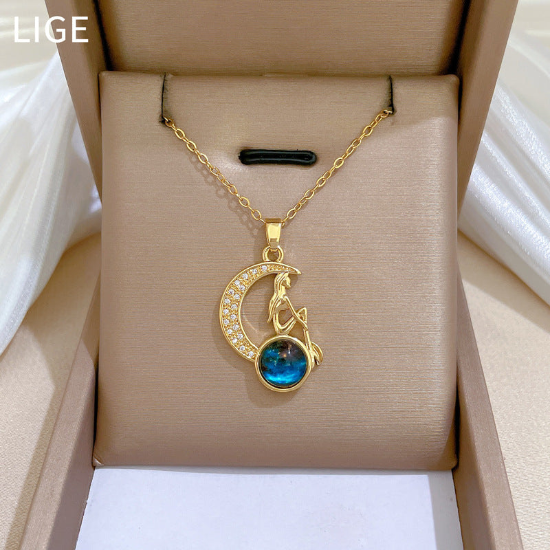 Collar minimalista con colgante de luna creciente y estrella de acero de titanio con circonitas cúbicas para mujer y hombre