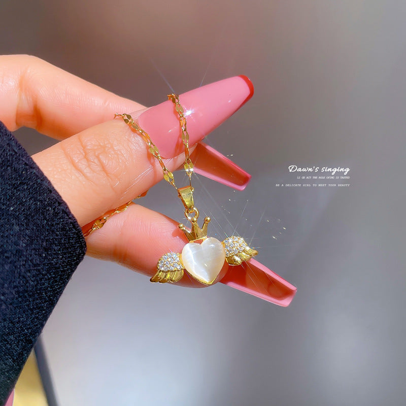 Luxury Minimalist Titanium Steel Cat's Eye Stone Heart Pendant Necklace for Women Delicate Clavicle Chain with Geometric Design