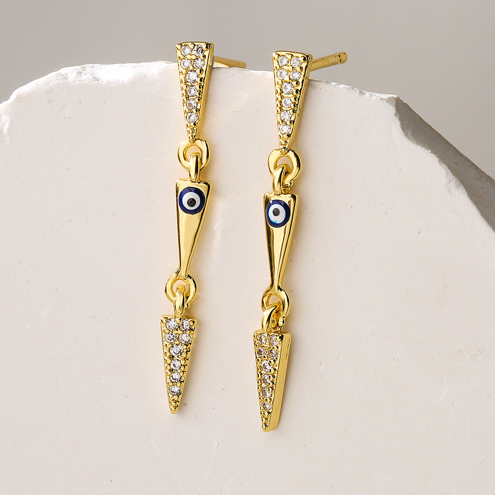 Orecchini Pendenti Triangolari Geometrici da Donna con Base in Rame Placcata in Vero Oro e Smalto con Zirconia Micro-Incastonata