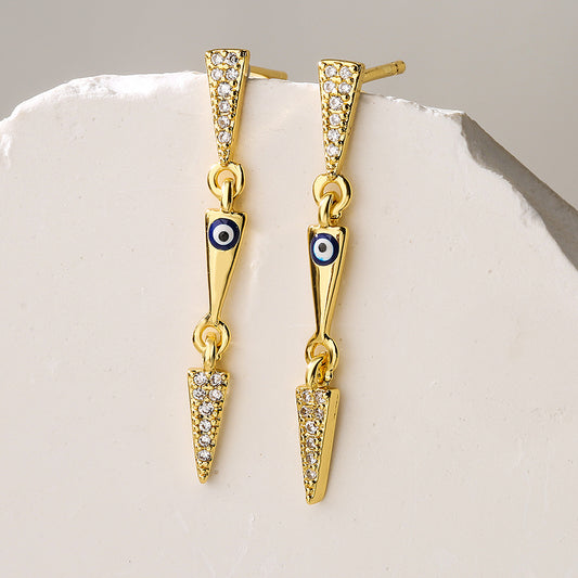 Geometric Triangle Pendant Earrings for Women with Copper Base Plated in Real Gold and Enamel Accented with Micro-Paved Zirconia