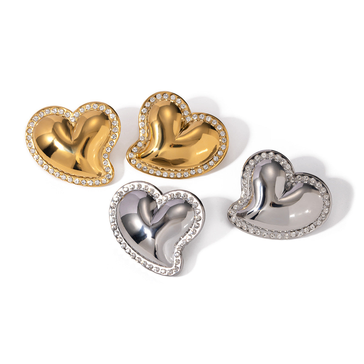Ins Style Asymmetrical Heart-Shaped Earrings in Stainless Steel with 18K Gold Plating and White Rhinestone Inlay
