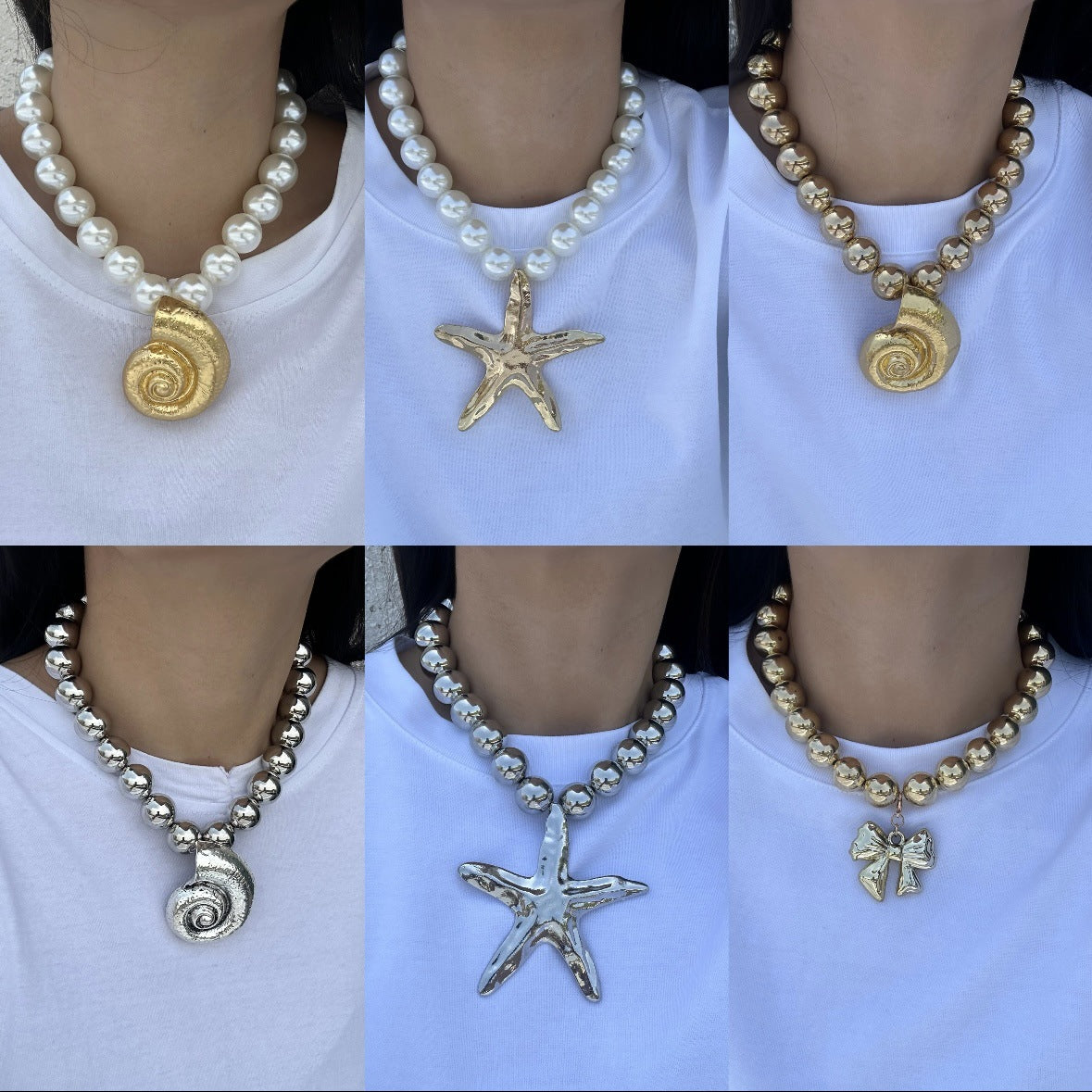 Ocean Style Imitation Pearl Starfish and Conch Pendant Alloy Ball Chain Necklace for Women