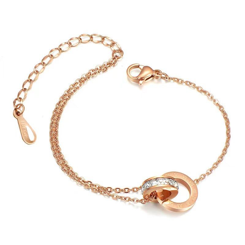 Fashion Double Ring Letter Anklet for Women 18K Rose Gold Plated Titanium Steel Jewelry