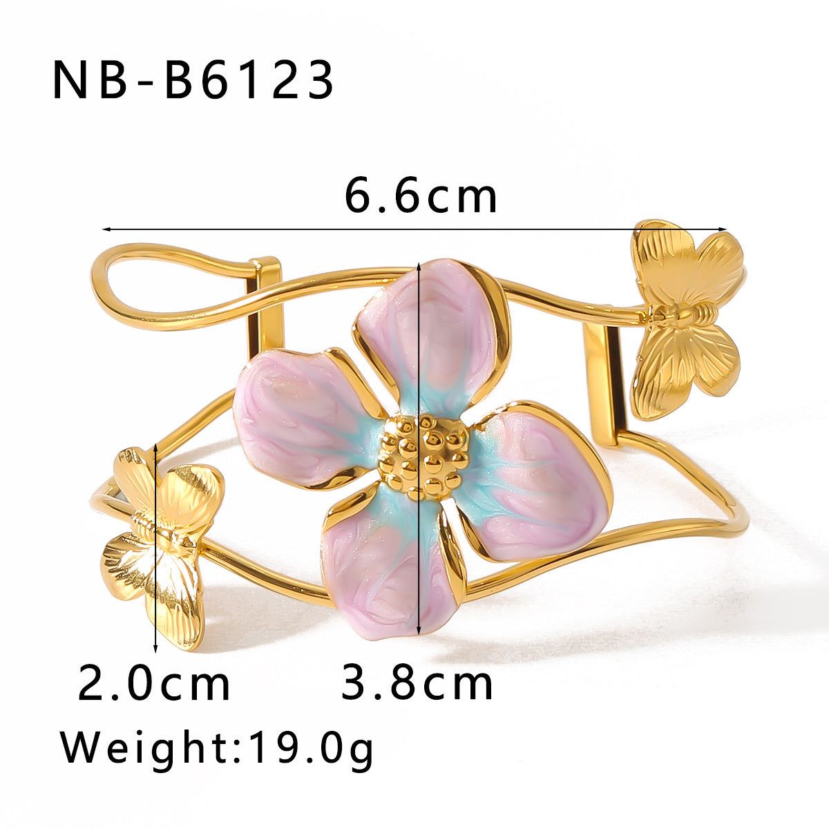 Bracciale regolabile in stile Ins con design floreale, placcato oro 18 carati in acciaio inossidabile e smalto colorato