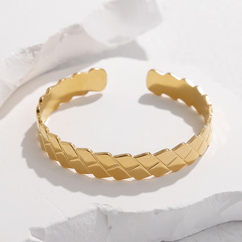 Adjustable Titanium Steel Bracelet for Women with Geometric Line Design Electroplated Finish Statement Cuff