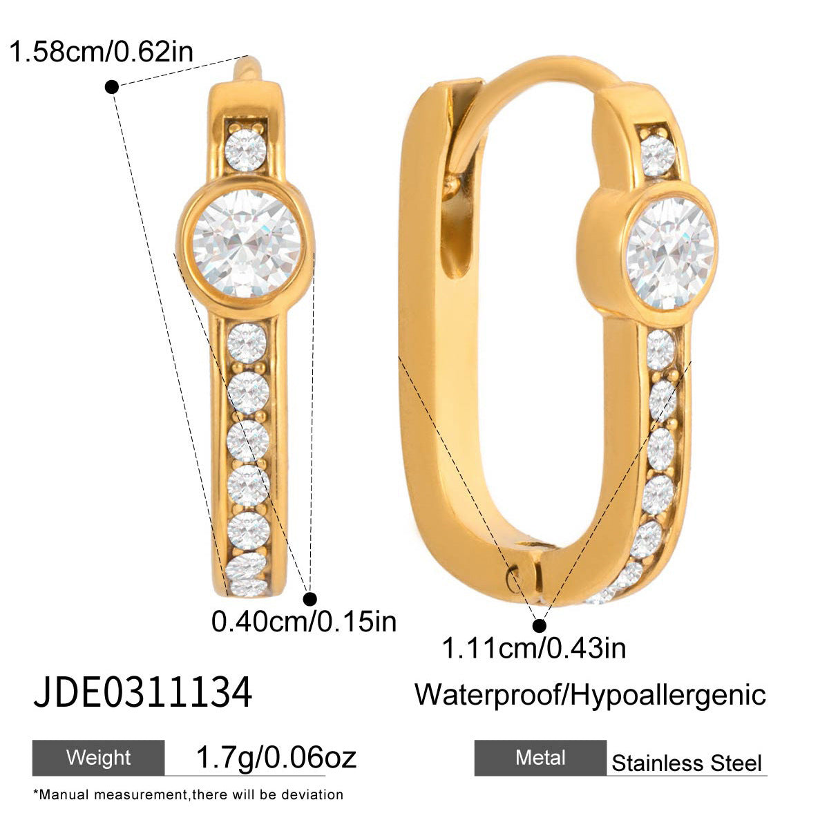 Elegant Geometric Stainless Steel Rhinestone Hoop Earrings Gold Plated