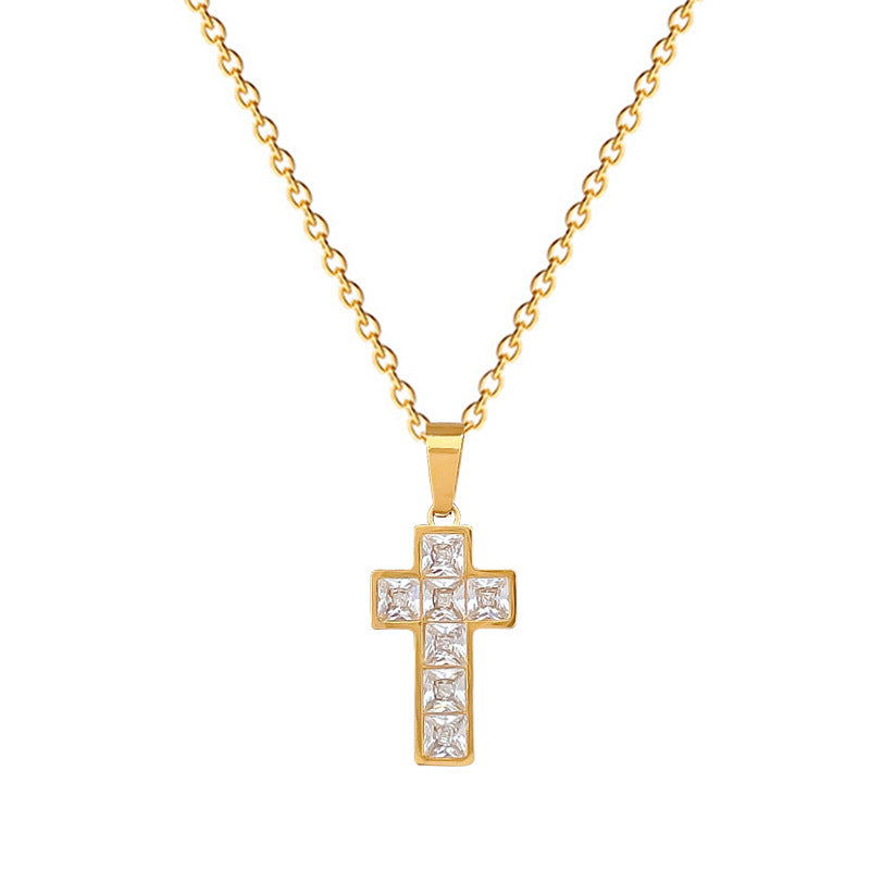 Sweet Cubic Zirconia Cross Plated Titanium Steel Necklace Curb Chain Unisex